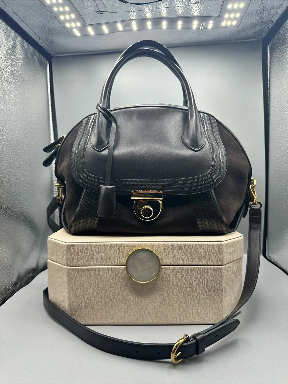 Salvatore Ferragamo Black Top-Handle Satchel with Gold Hardware